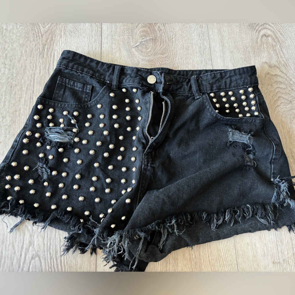 Studded Black Denim Shorts high rise mom fit